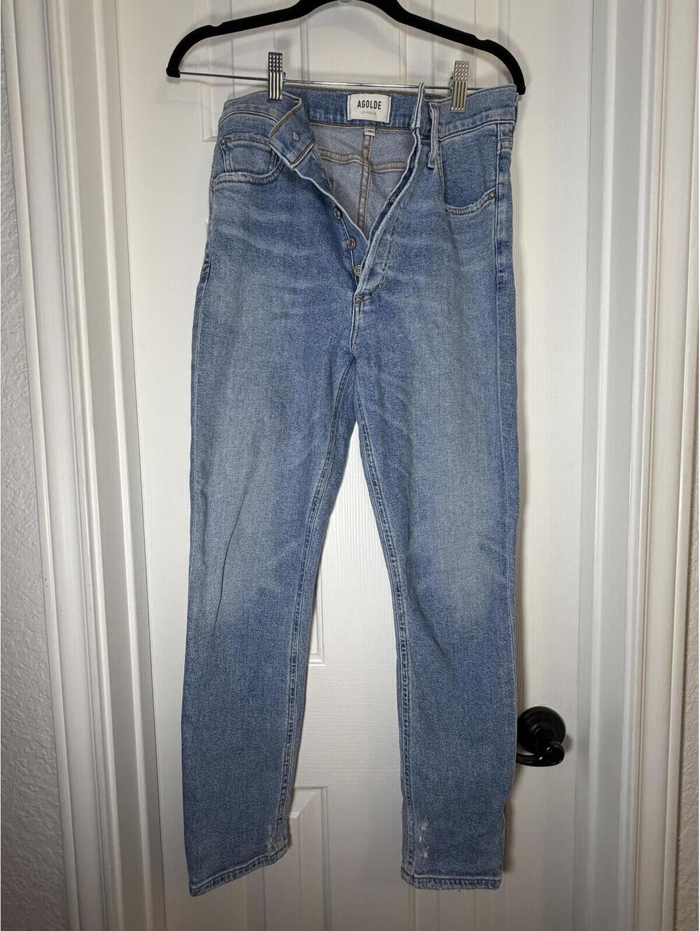 AGOLDE Nico High Rise Slim Fit Jeans, Light Wash Button Fly Distressed Hem Denim